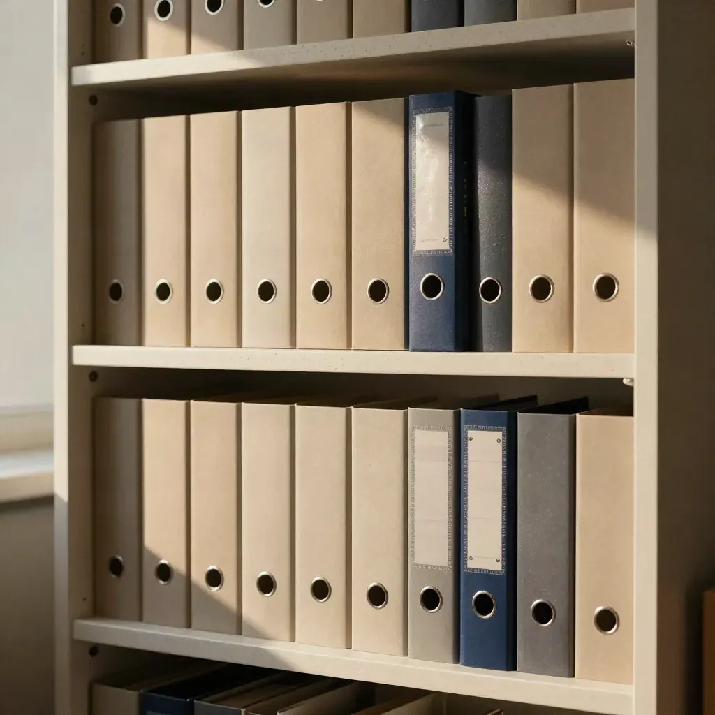 Scaffale archivio con raccoglitori ordinati e cartelle neutre, luce calda su mensole travertino.
