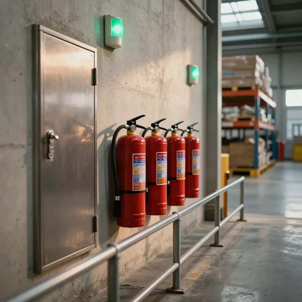 Magazzino ordinato con estintori allineati, armadietto DPI chiuso e luci di emergenza pulite.