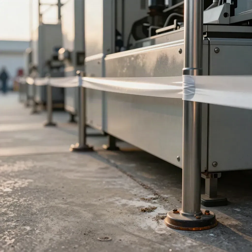 Corsia produttiva con nastro bianco, protezioni macchina e barriere basse viste da vicino.