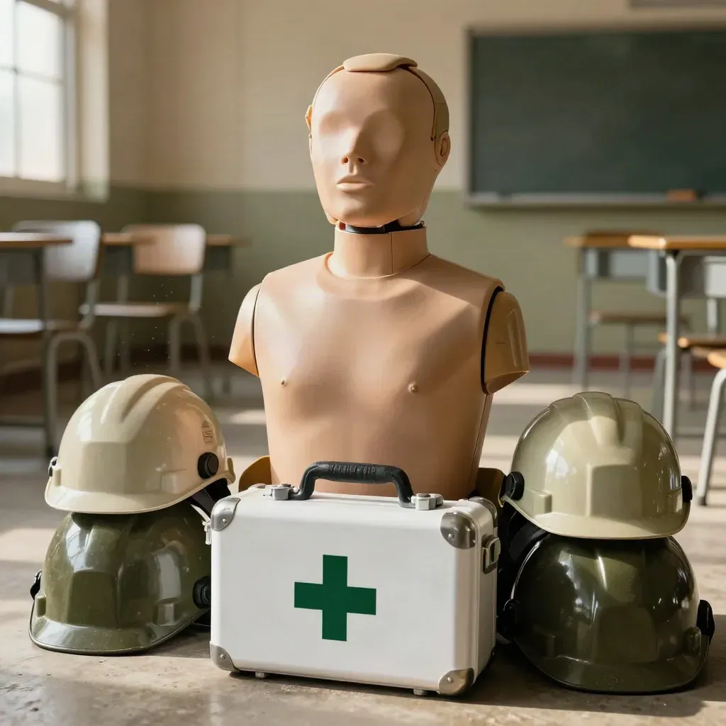 Aula HSE vuota con manichino di soccorso, caschi impilati e kit primo soccorso.