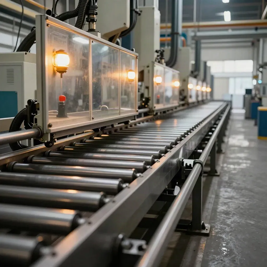 Linea metalmeccanica sicura in funzione, luci ambrate e corsie protette.