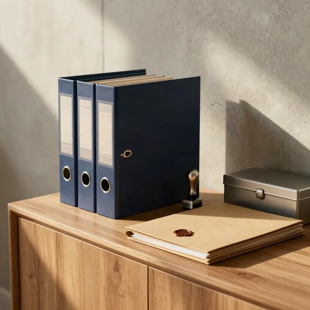 Archivio di studio ordinato con raccoglitore navy, cartelle sigillate e timbro metallico su credenza in legno