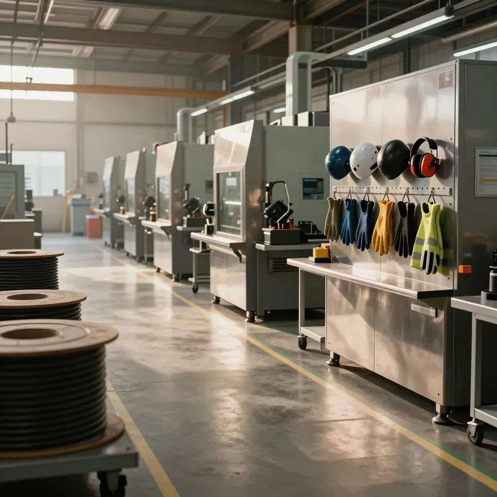 Officina ordinata con corsie libere, macchine protette e DPI appesi in un reparto pronto al lavoro.