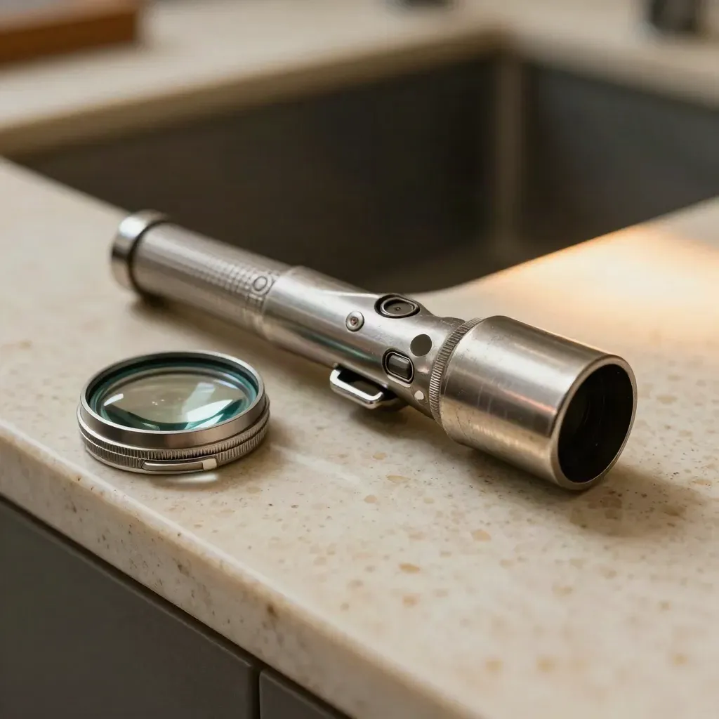 Torcia di ispezione in alluminio con lente tascabile e clip d’acciaio su travertino