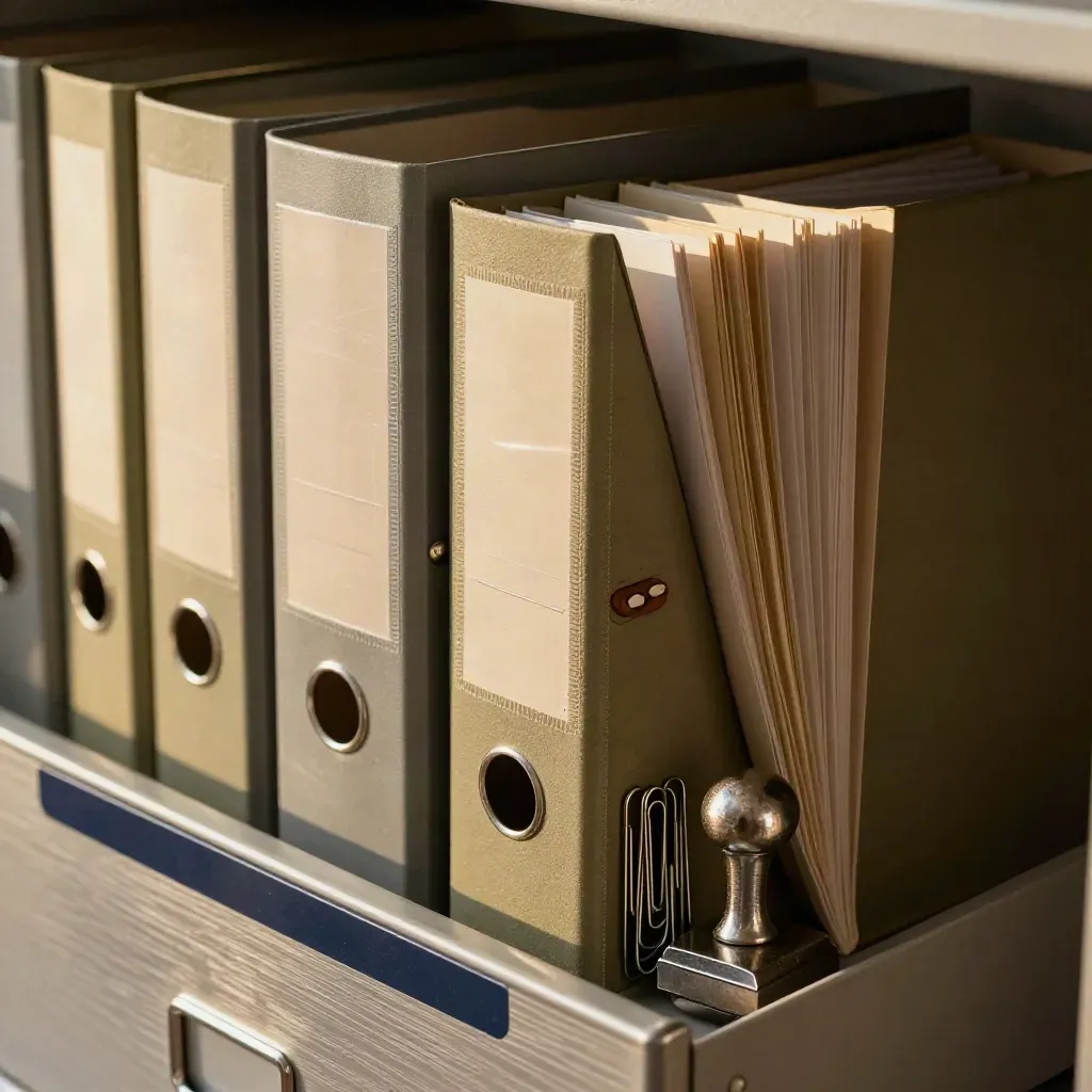 Raccoglitori archivio, divisori plastificati e timbro d’acciaio su cassetto metallico, luce radente.
