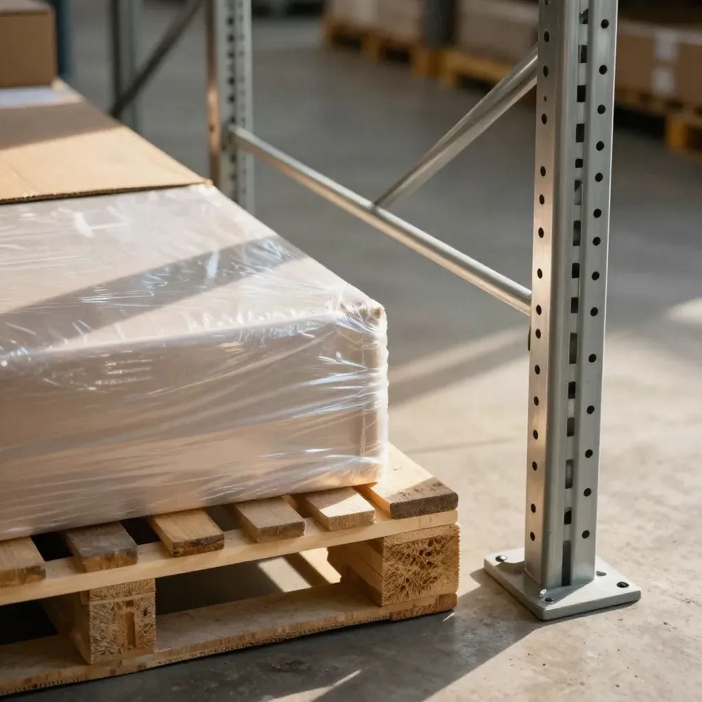 Magazzino alto con pallet ordinati, barriere bianche e corridoi liberi in luce radente.