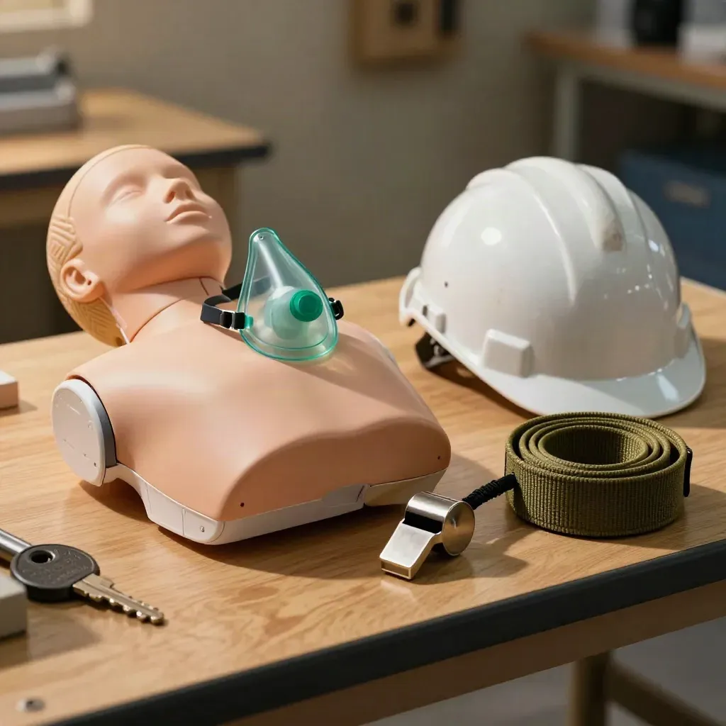 Manichino CPR, maschera tascabile, fischietto, casco e cintura su banco tecnico.