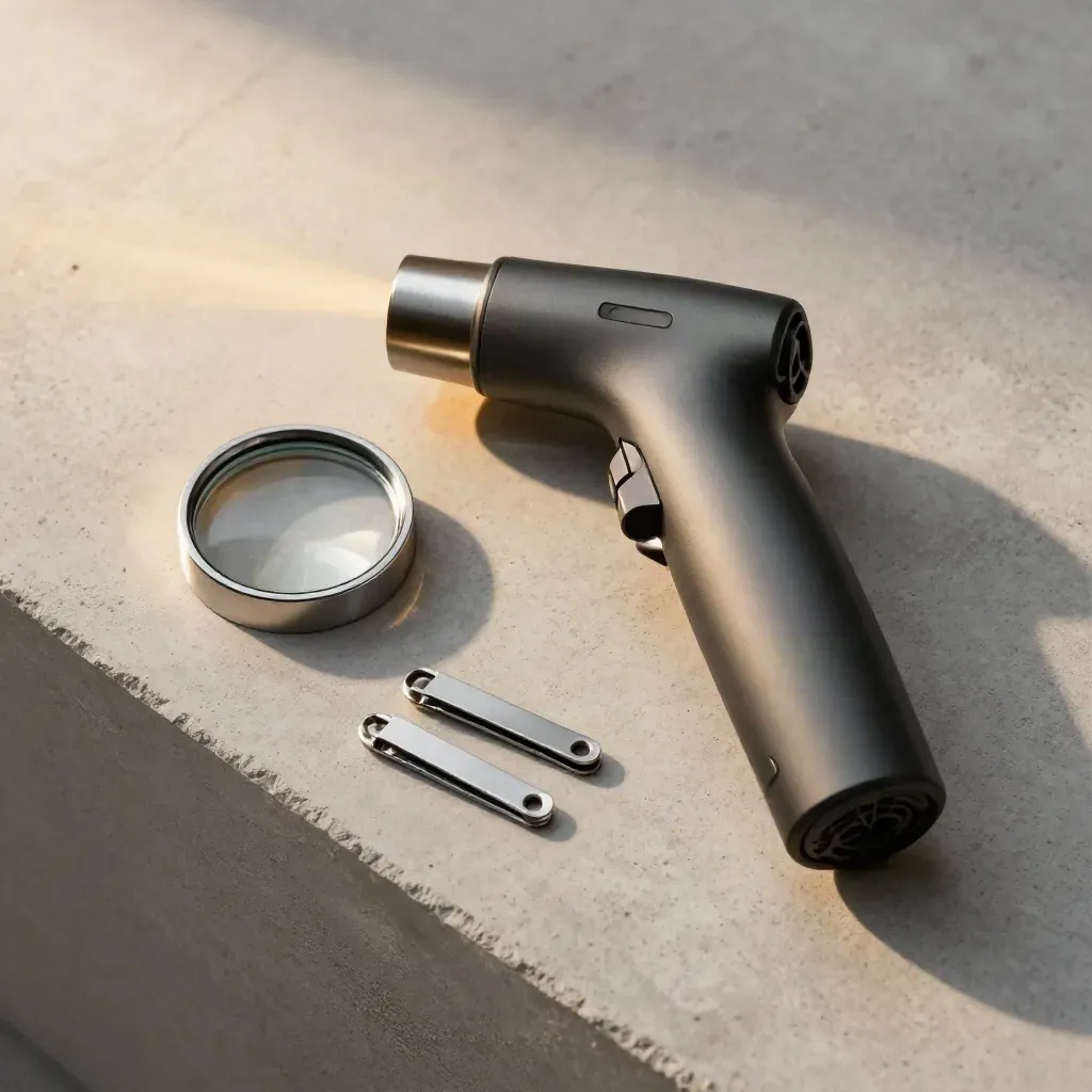 Torcia d’ispezione, vetro tascabile e clip metalliche su cemento chiaro, luce calda.