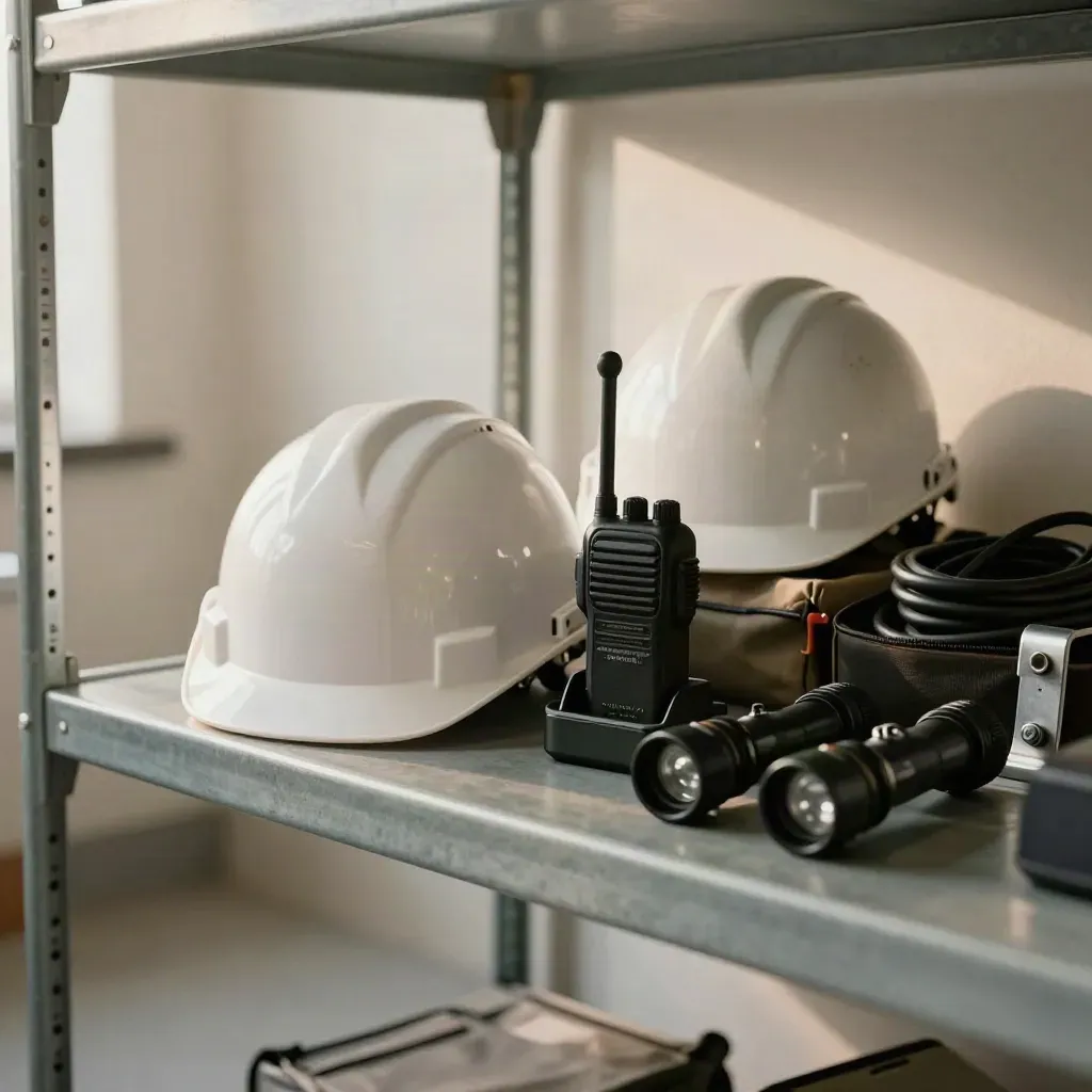 Scaffale tecnico con radio, torce e caschi bianchi su sfondo chiaro.