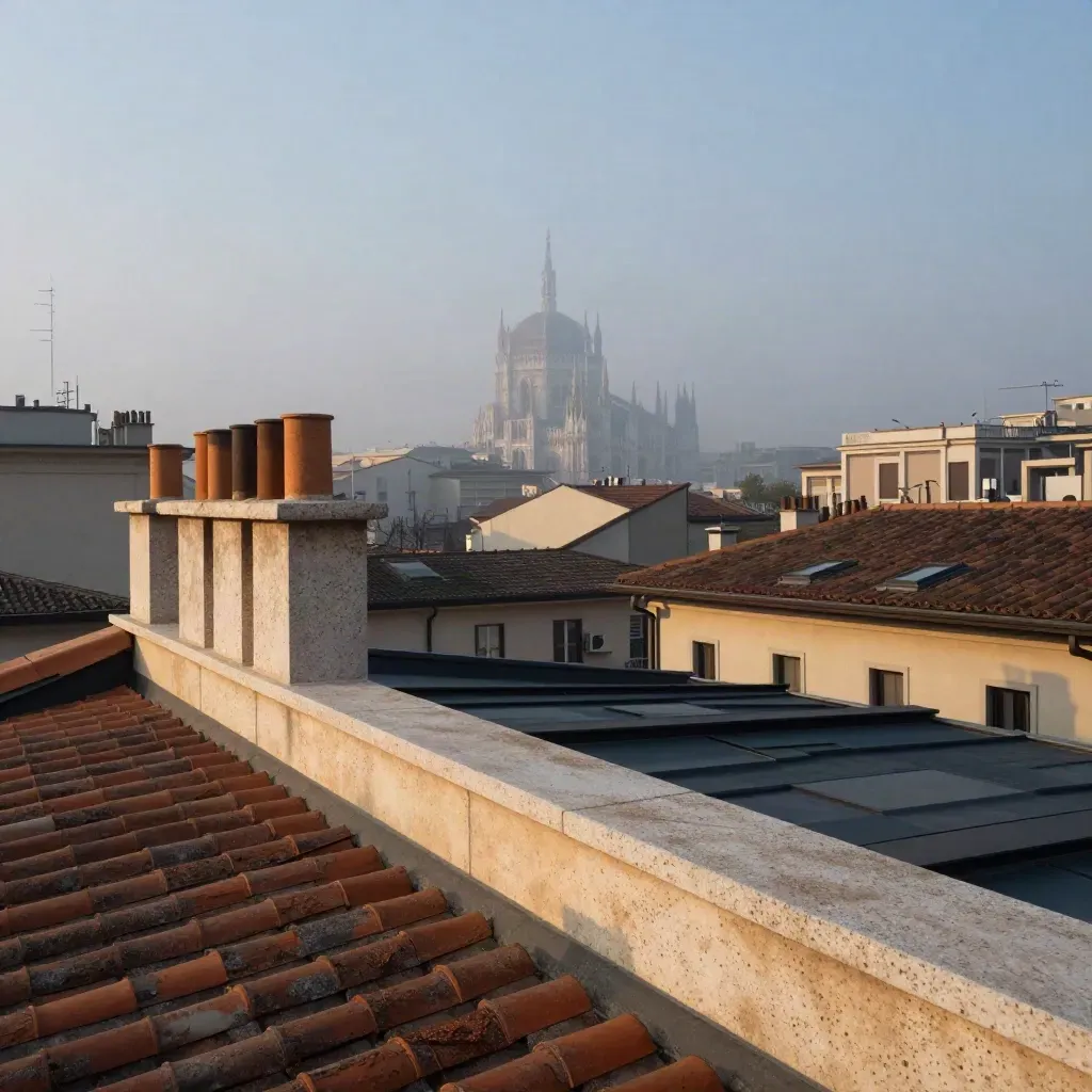 Milano all’alba con il Duomo lontano tra foschia, tetti e cortili morbidi