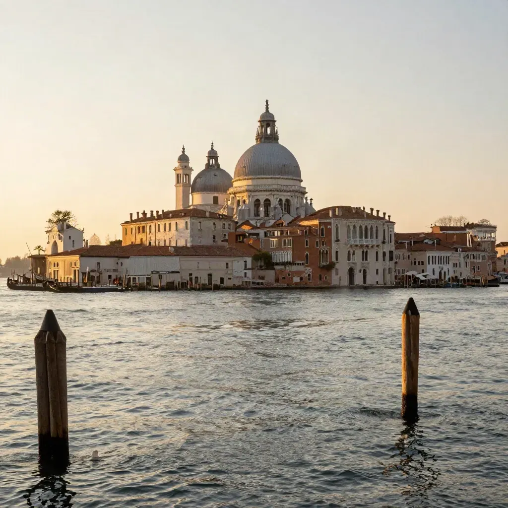 Venezia vista dalla laguna al tramonto, con cupole, campanili e acqua calma dorata