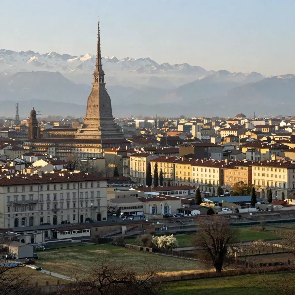 Torino sotto le Alpi, Mole Antonelliana alta nella foschia e pianura calma in primo piano.